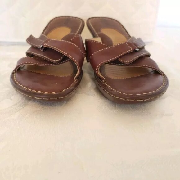 Womens Born Leather Slip On Wedge Sandals 9 M Caramel Brown Open Toe - Picture 6 of 12